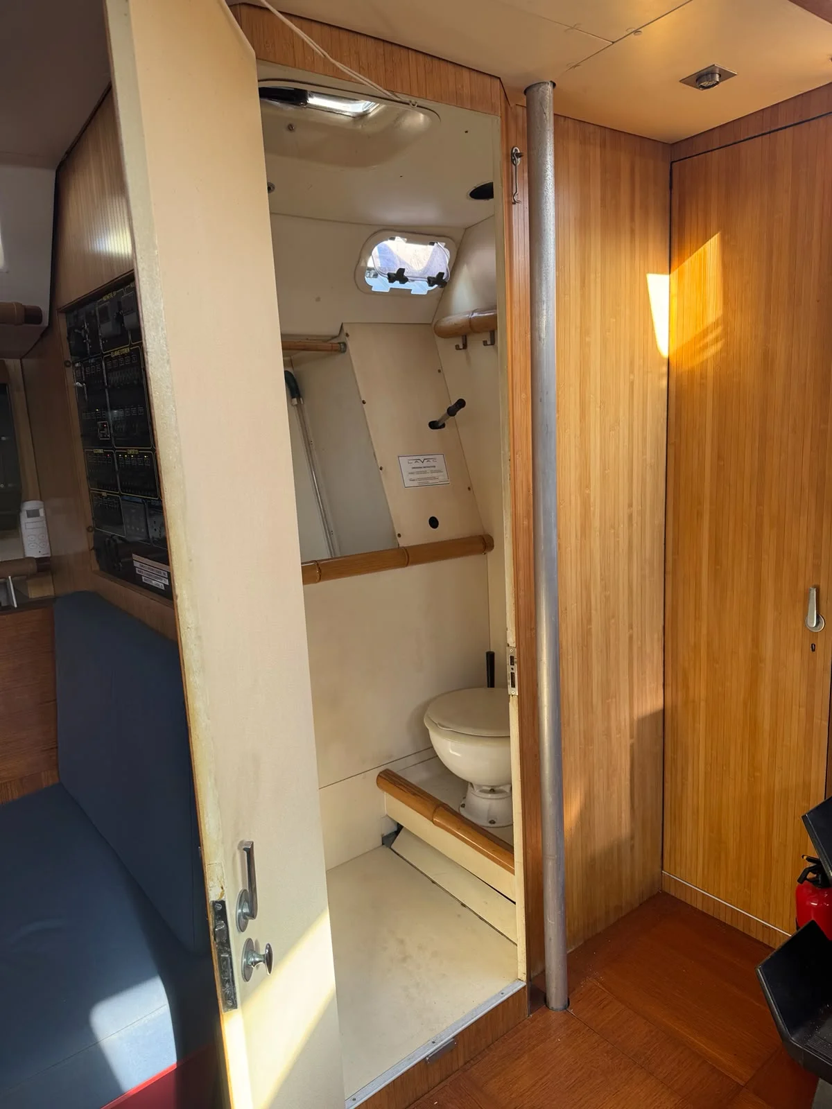 ZORYA Levrier 18 heads compartment with marine toilet beside the electrical panel