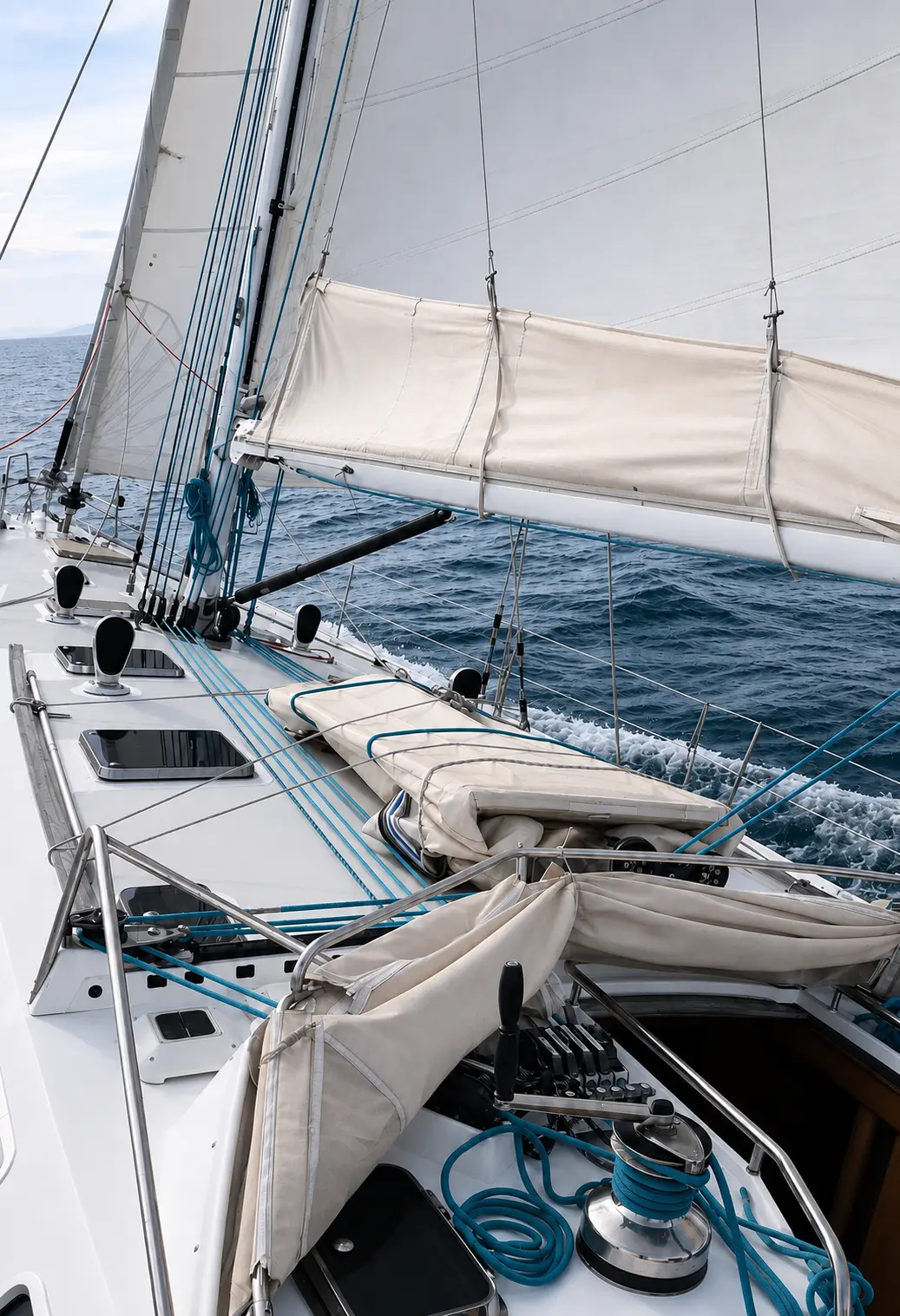ZORYA side deck under sail with flaked mainsail, teal running rigging and winch
