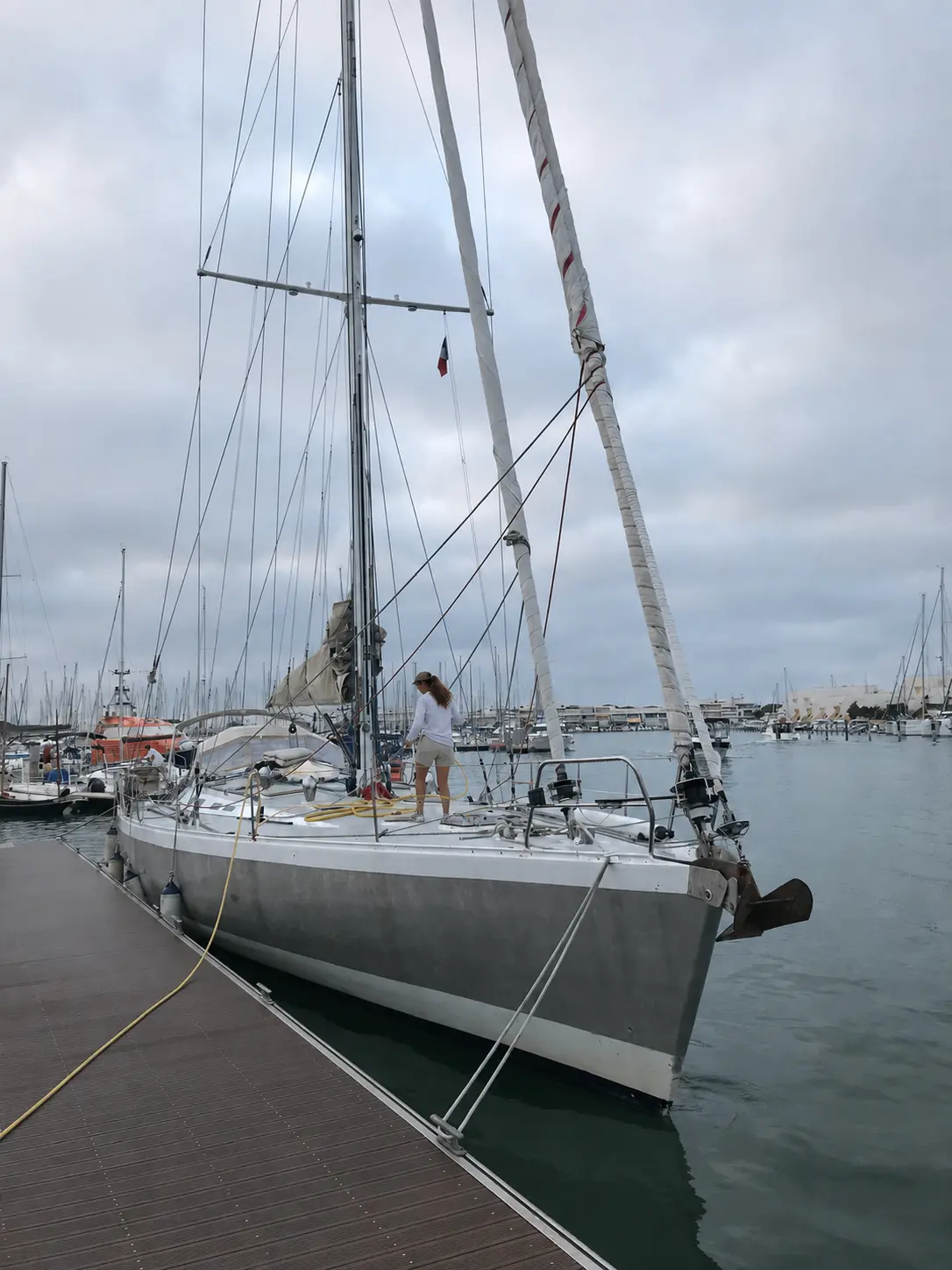 ZORYA aluminium hull moored bow-to at the dock in Sète marina, France
