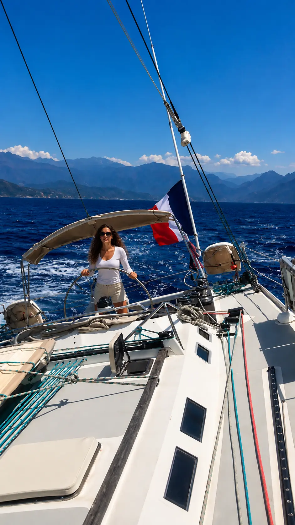 ZORYA under way off the Corsican coast, helm and cockpit with mountain backdrop