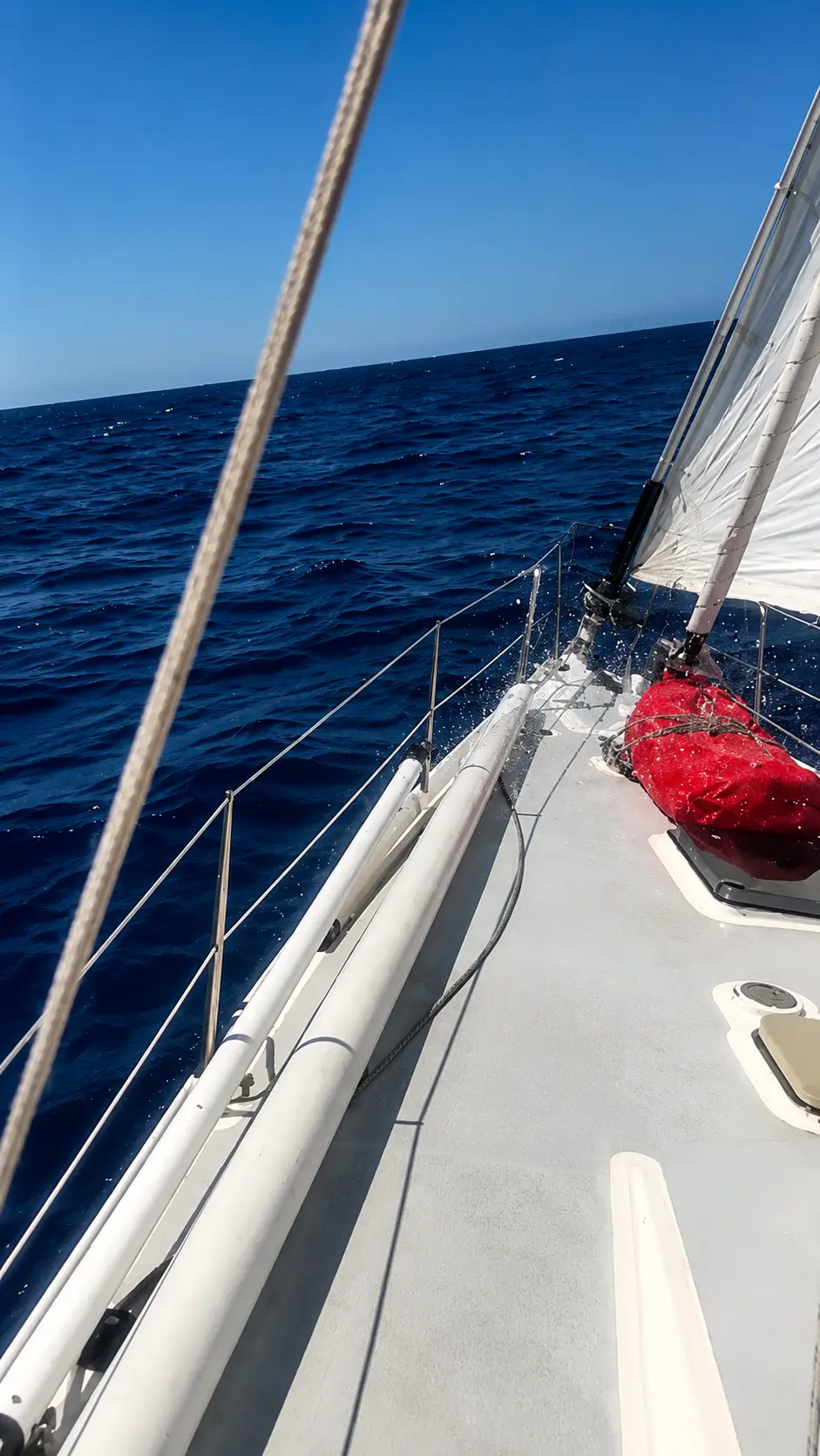 ZORYA side deck and guardrails under sail in deep blue open water