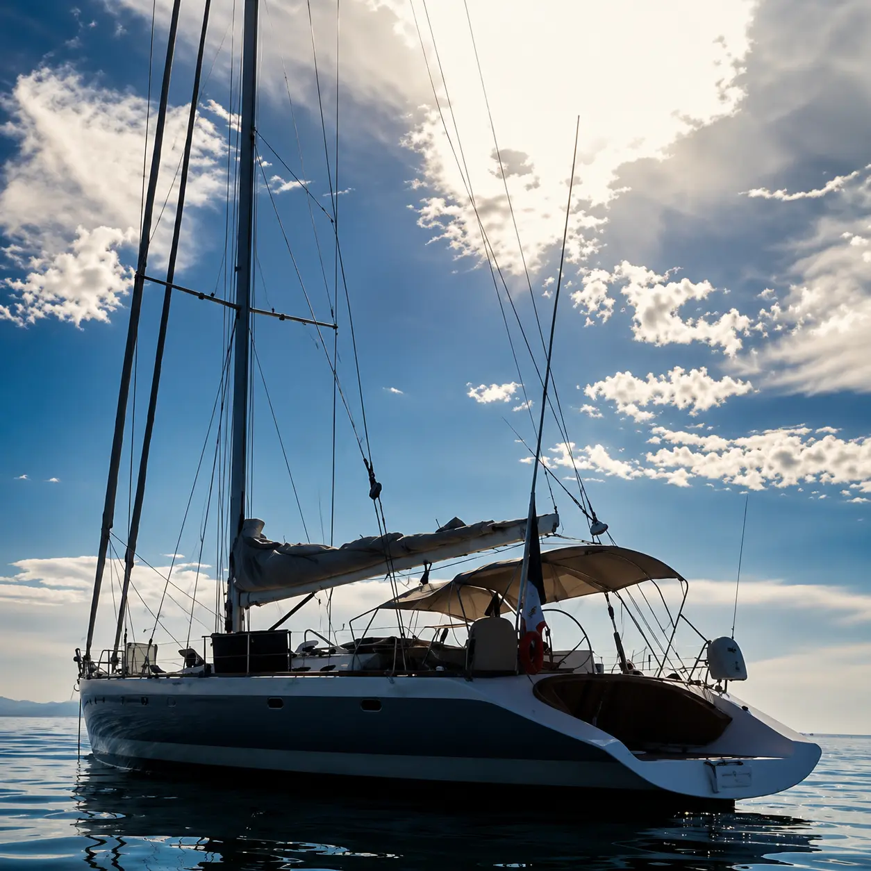 ZORYA aluminium performance cruiser at anchor under dramatic sky, profile view